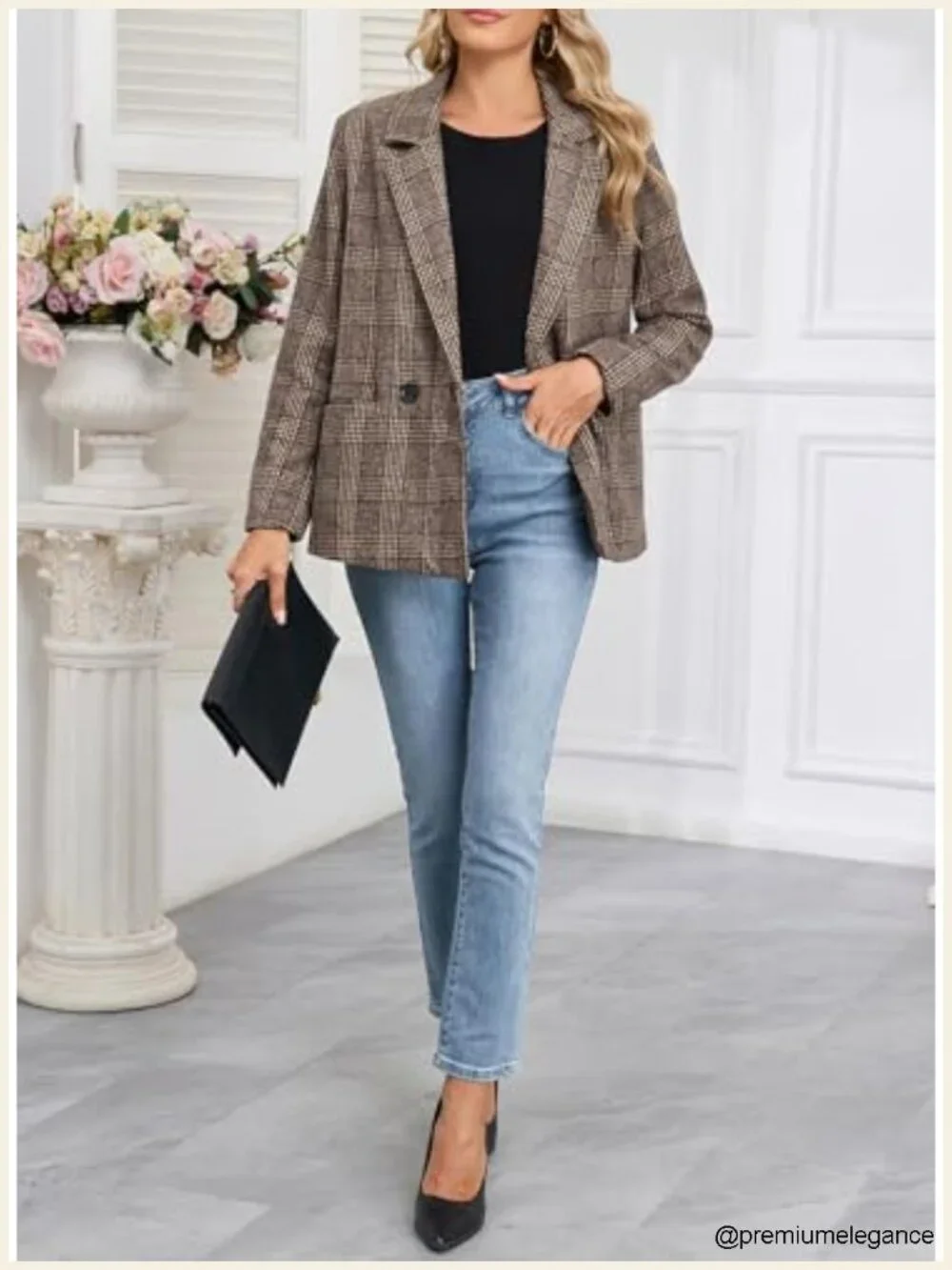 Women's Plaid Blazer Double Breasted Open Front Long Sleeve Work Suit with